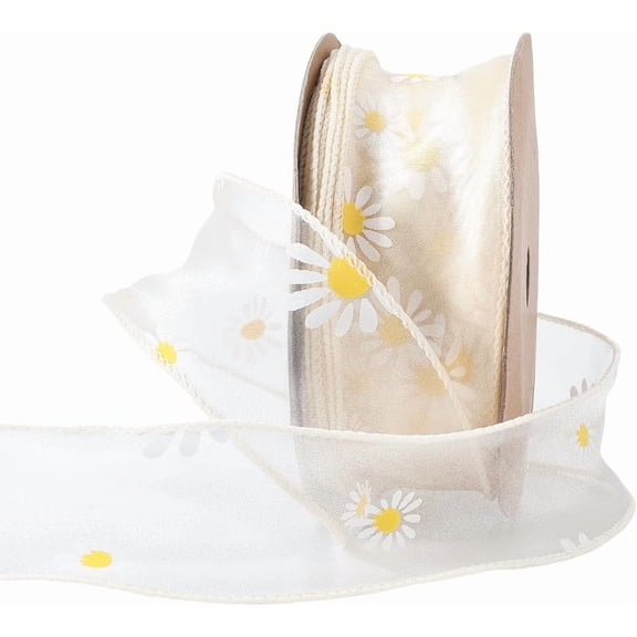 10 Yards 1 5/8 Inch Floral Printed Sheer Trim Spring Yellow Daisy Ribbon Sun Flower Print Organza Chiffon Mesh Ribbons Bulk with Spool for Sewing Making Crafts Bouquets Wreaths Decor Supply 1roll