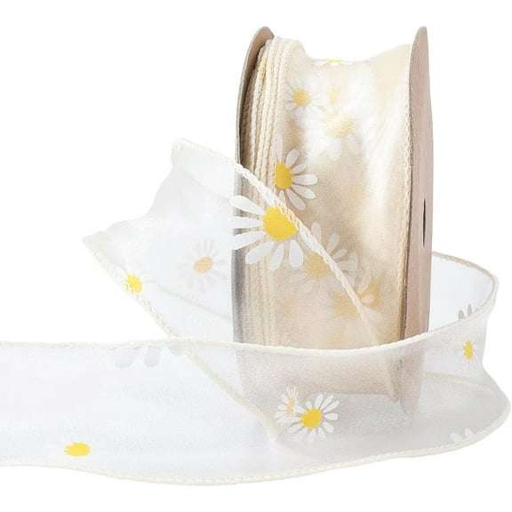 10 Yards 1 5/8 Inch Floral Printed Sheer Trim Spring Yellow Daisy Ribbon Sun Flower Print Organza Chiffon Mesh Ribbons Bulk with Spool for Sewing Making Crafts Bouquets Wreaths Decor Supply for DIY