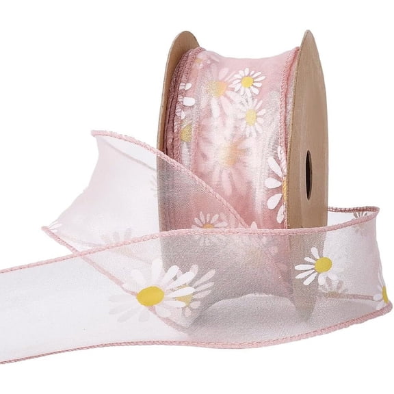 10 Yards 1 5/8 Inch Pink Daisy Trim Floral Print Organza Chiffon Ribbon Sun Flower Transparent Sheer Printed Ribbons Bulk with Spool for Sewing Making Crafts Gift Wrapping Birthday Wedding