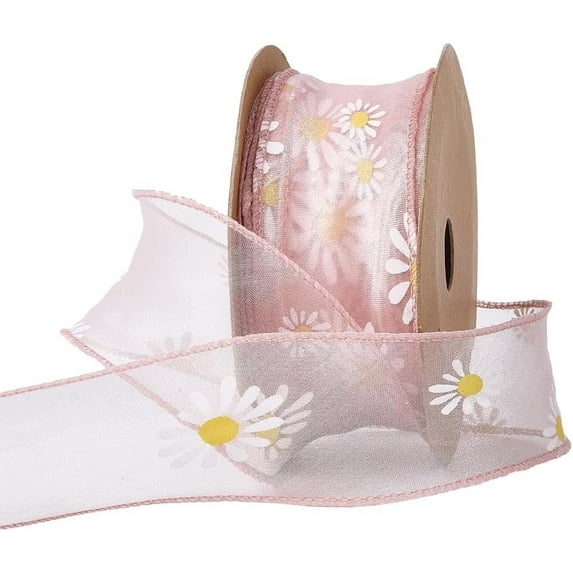 10 Yards 1 5/8 Inch Pink Daisy Trim Floral Print Organza Chiffon Ribbon Sun Flower Transparent Sheer Printed Ribbons Bulk with Spool