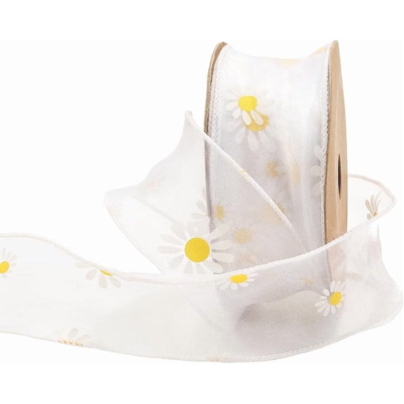10 Yards 1 5/8 Inch White Daisy Trim Floral Print Organza Ribbon Spring Sun Flower Transparent Sheer Printed Ribbons Bulk with Spool for Sewing Making Crafts Gift Wrapping Wedding Diy Supply