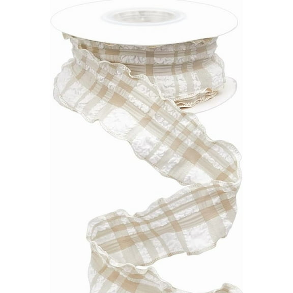 10 Yards 1.5 Inch Beige Plaid Ribbon Checkered Ribbon Tan Gingham Double Chiffon Ruffled Edge Polyester Ribbon with Spool for Gift Wrapping Wedding Invitations Bouquets Christmas Decor for making