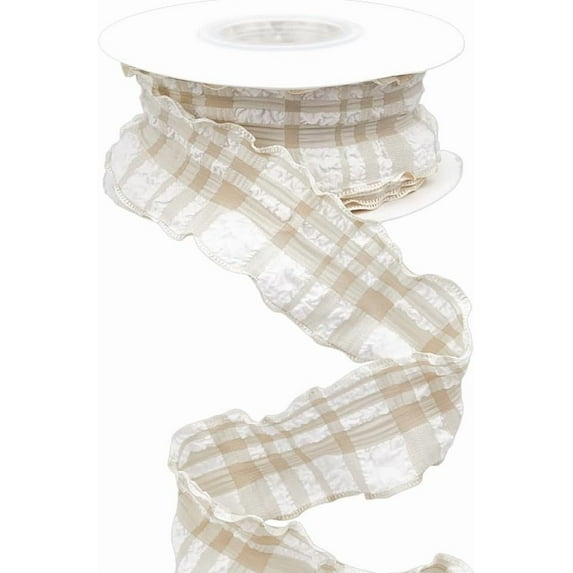 10 Yards 1.5 Inch Beige Plaid Ribbon Checkered Ribbon Tan Gingham Double Chiffon Ruffled Edge Polyester Ribbon with Spool