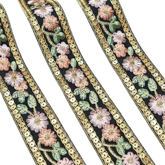 10 Yards 1.5 Inch Black Floral Jacquard Ribbon Boho Gold Metallic Flower Embroidered Fabric Ribbons Sequin Vintage Ethnic Woven Trim for Sewing Making Crafts Christmas Invitations Wedding