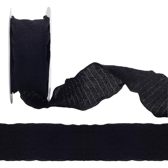10 Yards 1.5 Inch Black Ruffled Ribbon Trim Double Chiffon Ribbons Polyester Silk Ruffle Edge Grosgrain Fabric Ribbon with Spool