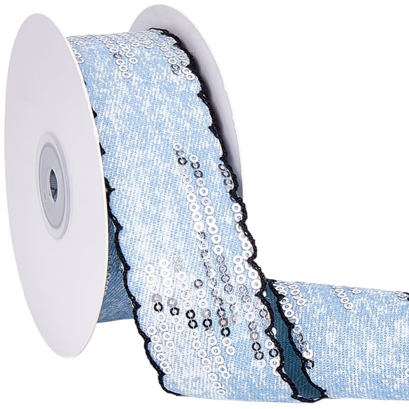 10 Yards 1.5 Inch Blue Denim Ribbon Silver Sequins Trim Tape Sequin Beaded Glitter Metallic Bling Wavy Edge Fabric Ribbons Roll Bulk DIY