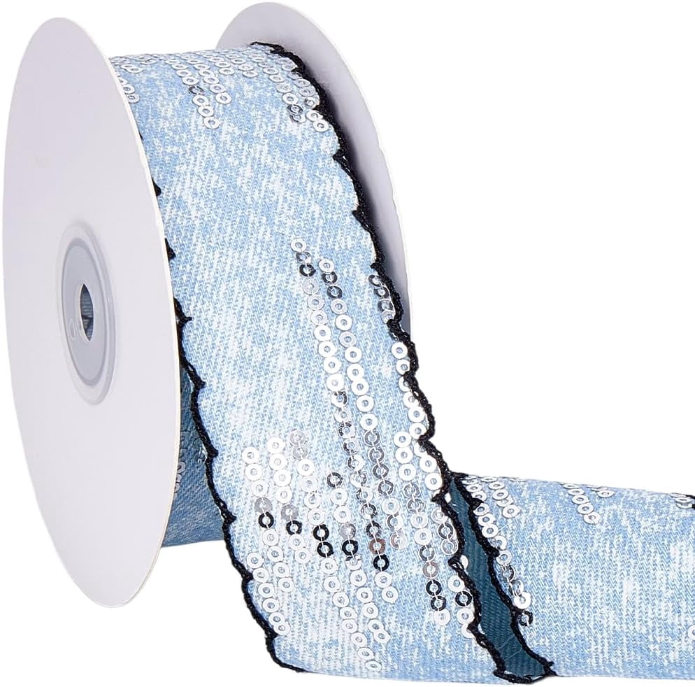 10 Yards 1.5 Inch Blue Denim Ribbon Silver Sequins Trim Tape Sequin ...