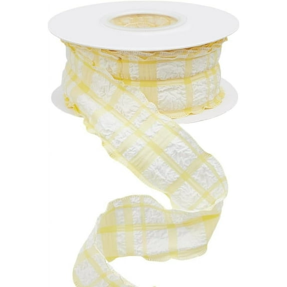 10 Yards 1.5 Inch Yellow Checkered Ribbon Plaid Ribbon Gingham Double Chiffon Ruffled Edge Silk Ribbon with Spool for Gift Wrapping Wedding Invitations Bouquets Christmas Decor Craft Yellow