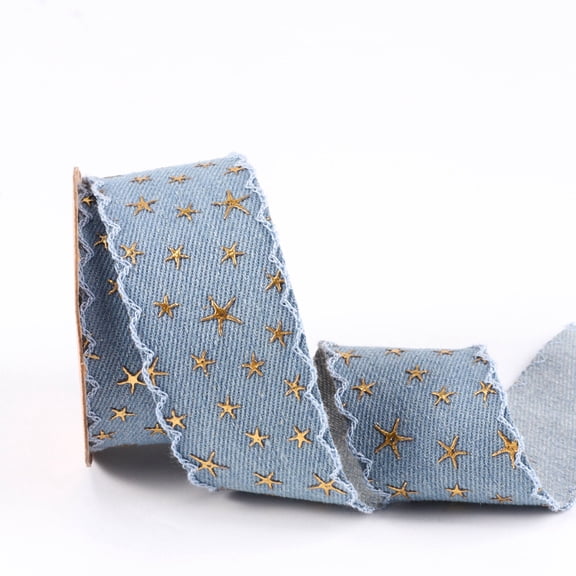 10 Yards 1.57 Inch Stars Denim Blue Ribbon Golden Patriotic Printed Ribbons Five Point Star Bronzing Jean Trim for Sewing Making Gift Wrapping Home Decor Hair Accessories DIY Craft Supply