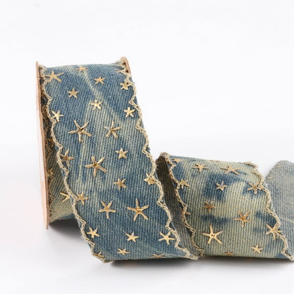 10 Yards 1.57 Inch Stars Denim Blue Ribbon Golden Patriotic Printed Ribbons Five Point Star Bronzing Jean Trim for Sewing Making Gift Wrapping Home Decor Hair Accessories DIY Craft Supply