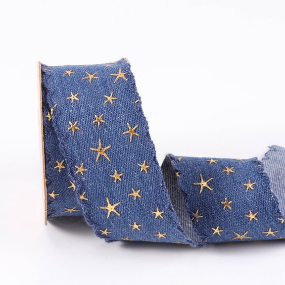 10 Yards 1.57 Inch Stars Denim Blue Ribbon Golden Patriotic Printed Ribbons Five Point Star Bronzing Jean Trim for Sewing Making Gift Wrapping Home Decor Hair Accessories DIY Craft Supply