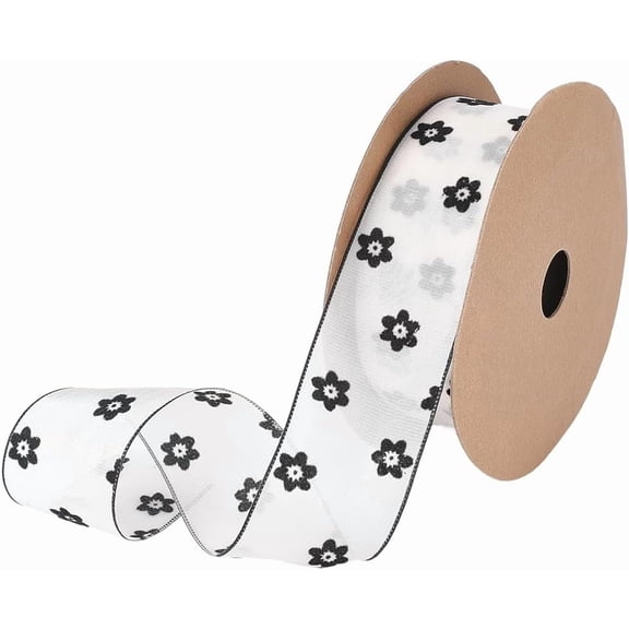 10 Yards 1.63 Inch Floral Wrap Ribbon Thin Silk Organza Sheer Small Flower Print Elegant Ribbons Roll for Gift Wrapping Floral Bows Weddings Birthday Party Dress Decor DIY Crafts Supplies Black DIY