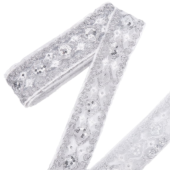 10 Yards 1.69 Inch Silver Sequin Embroidered Lace Ribbon Trim Metallic Vintage Glitter Embroidery Sequins Beaded Edging Applique Ribbon for Sewing
