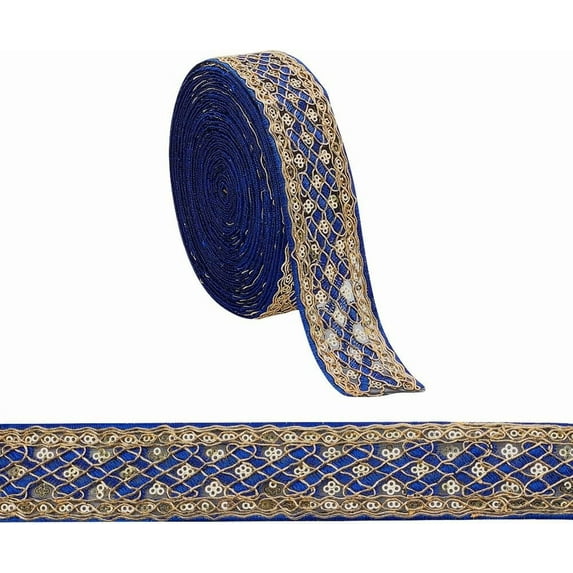 10 Yards 1.6inch Fabric Embroidered Trim Vintage Jacquard Ribbon Metallic Gold Rhombus Pattern Sewing Woven Trim Embroidered Ribbon decor Blue
