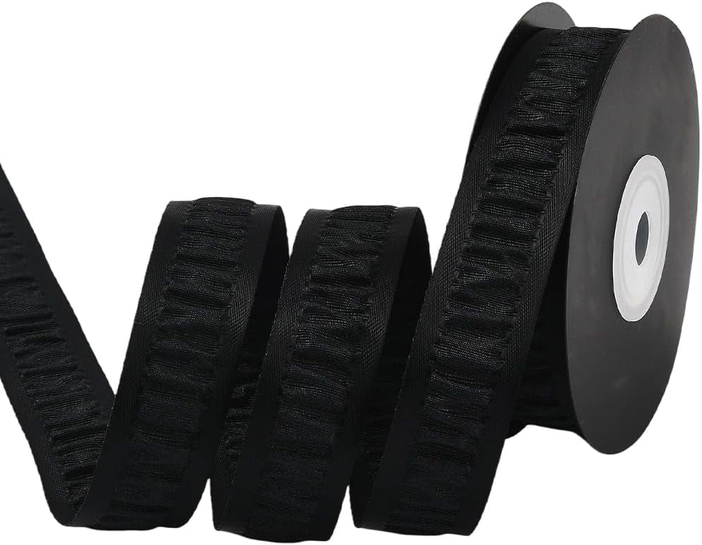 10 Yards 1 Inch Black Pleated Ribbon Polyester Double Faced Ruffle Edge ...