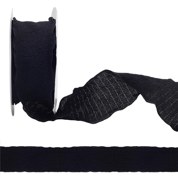 10 Yards 1 Inch Black Ruffled Ribbon Wavy Edge Wrinkled Trim Solid Color Chiffon Decorative with Spool Fabric Ribbons