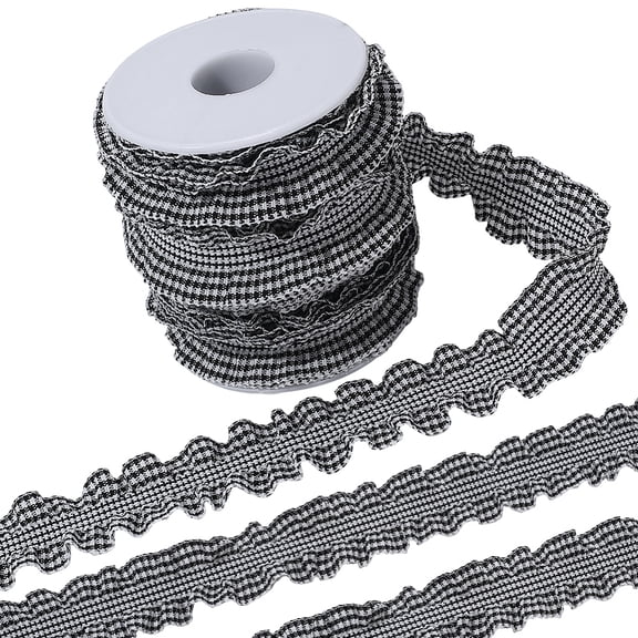 10 Yards 1 Inch Black White Gingham Trim Pleated Ruffle Edge Lace Applique Trimming Double Ruffled Gathered Tartan Elastic Fabric Ribbon
