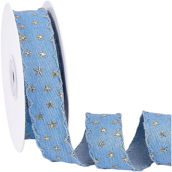 10 Yards 1 Inch Blue Denim Wavy Edge Fabric Ribbon Trim Tape Gold 3D Star Foil Print Patriotic 4th of July Ribbons Roll Bulk