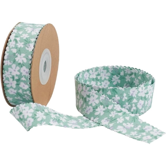 10 Yards 1 Inch Green Flower Print Ribbon Vintage Spring Summer Themed Floral Pattern Printed Wavy Edge Fabric Ribbons Roll