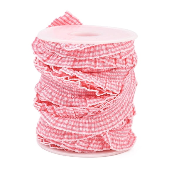 10 Yards 1 Inch Pink White Gingham Ribbon Pleated Ruffle Edge Lace Applique Trimming Double Ruffled Gathered Tartan Fabric Satin Trim