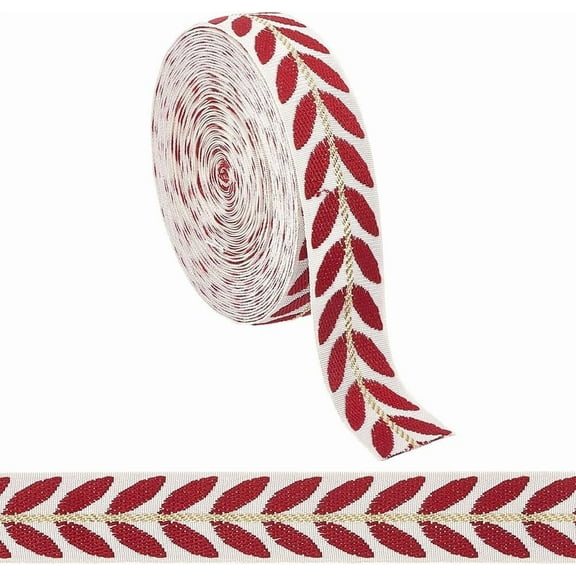 10 Yards 1 Inch Red Embroidered Ribbon Trim Tape Polyester White Jacquard Ribbons Boho Leaf Pattern Embroidery Woven Fabric Applique Trimming
