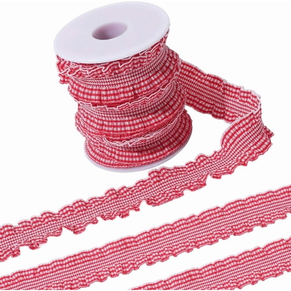 10 Yards 1 Inch Red White Gingham Trim Pleated Ruffle Edge Lace Applique Trimming Double Ruffled Gathered Tartan Fabric Satin Ribbon for Sewing Making Crafts Dresses Costume Christmas Decor Red