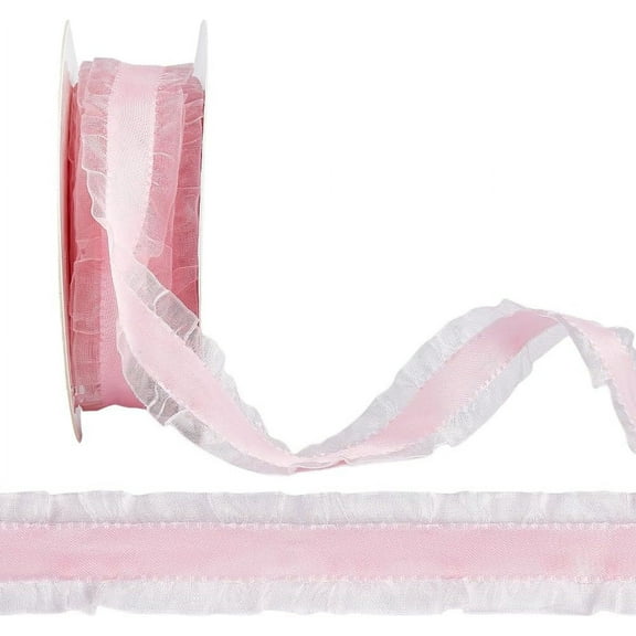 10 Yards 1 Inch Wide Double Face Gathered Ruffle Chiffon Ribbon Organza Edging Wrinkled Frayed Pleated Trimmings Lace Voile Fabric Handmade for Gift Package Wrap Wedding Decor Sewing Pink DIY Making