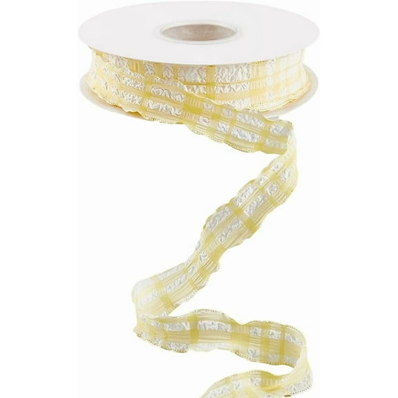 10 Yards 1 Inch Yellow Gingham Pleated Ribbon Checkered Double Ruffled Trim Chiffon Fabric Edging Polyester Plaid Ribbons with Spool