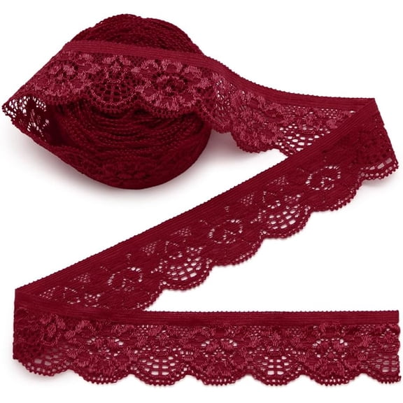 10 Yards 1" Wide Lace Elastic Trim Lace Ribbon Flower Edge Trimming for Sewing Craft Wedding Party Decor Clothes (Wine)
