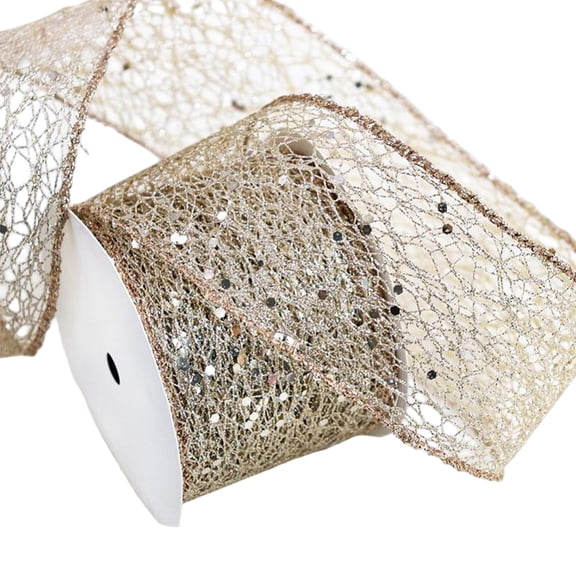 10 Yards 2.48 Inch Brown Glitter Mesh Ribbon Wire Edge Wide Web Sparkling Metallic with Sequins Spools Fabric Ribbons for Gift Wrapping Christmas