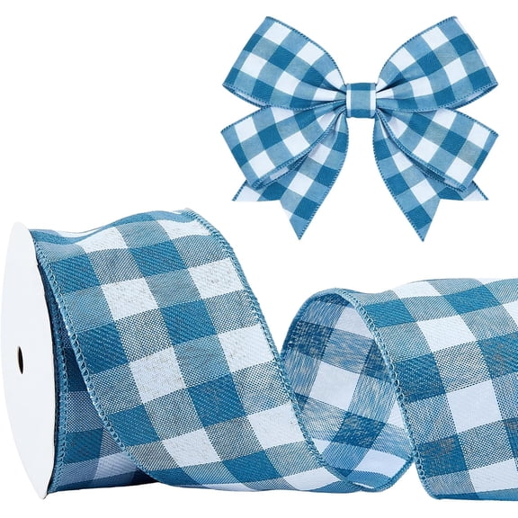 10 Yards 2.48 Inch Gingham Ribbon, White Blue Buffalo Plaid Wired Edge Ribbons, Buffalo Check Trim for Christmas DIY Wrapping Wreath Xmas Tree Bow Decoration