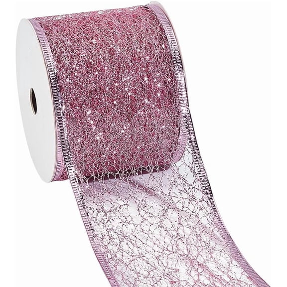 10 Yards 2.5" Glitter Mesh Wired Ribbon Pink Sparkling Metallic Mesh Ribbon Sequins Wired Edge Tulle Roll Spool Net for Gift Wrapping Bows Wedding Christmas Home Decor Wreath Tree Crafts Pink