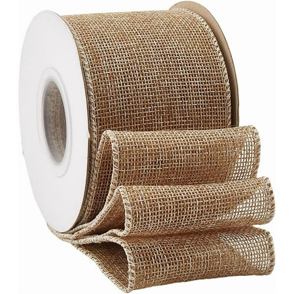 10 Yards 2.5 Inch Natural Burlap Wire Fabric Ribbon Wide Soild Tan Wired Edge Rustic Ribbons Bulk Rolls with Spool