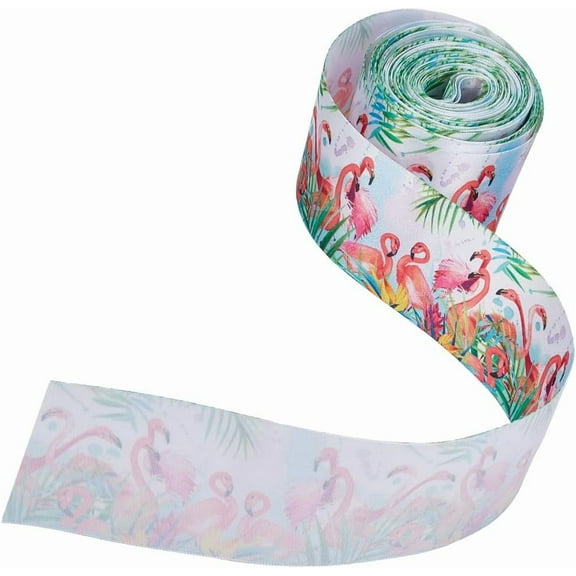 10 Yards 2 Inch Flamingo Ribbon Wired Polyester Cartoon Pattern Ribbon Colorful Summer Tropical Animal Print Fabric Ribbons Bulk for Sewing Making Craft Wreath Gift Wrapping Party Diy Supply