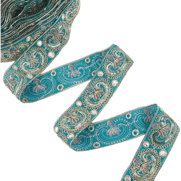 10 Yards 2 Inch Green Jacquard Ribbon Sequin Bead Floral Embroidery Trim Tape Flower Boho Embroidered Woven Fabric Applique Ribbons