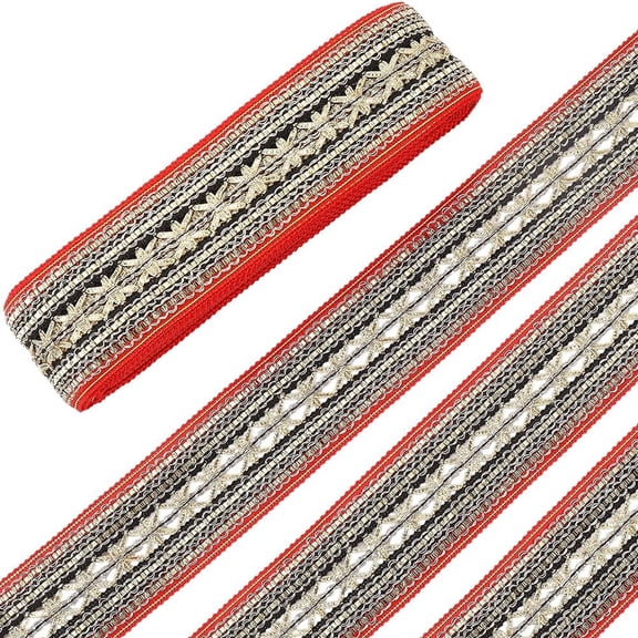 10 Yards 2 Inch Red Gold Jacquard Ribbon Trim Tape Floral Embroidered Ribbons Flower Embroidery Metallic Woven Gimp Braid Fabric Applique Trimming for Sewing Making Craft Clothes Costume Diy DIY