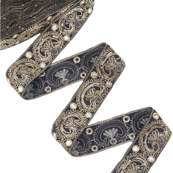 10 Yards 2 Inch Sequin Bead Floral Embroidery Trim Tape Black Jacquard Ribbon Flower Boho Embroidered Woven Fabric Applique Ribbons for Sewing Making Crafts Clothes Christmas Bridal Costumes