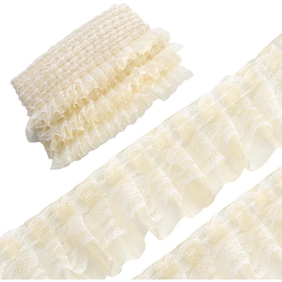 Layered Ruffles Textiles 10Yards 2 Layer Chiffon Lace Edge Trim 5cm Wide Pleated Gathered Voile ...