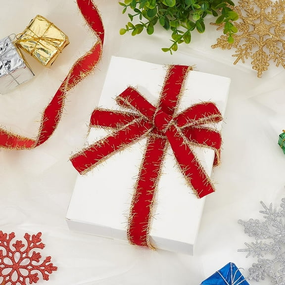 10 Yards 2 Styles Red Velvet Ribbon with Polyester Back Side with Cardboard Display Card Gold 25~40mm 5 yards/style