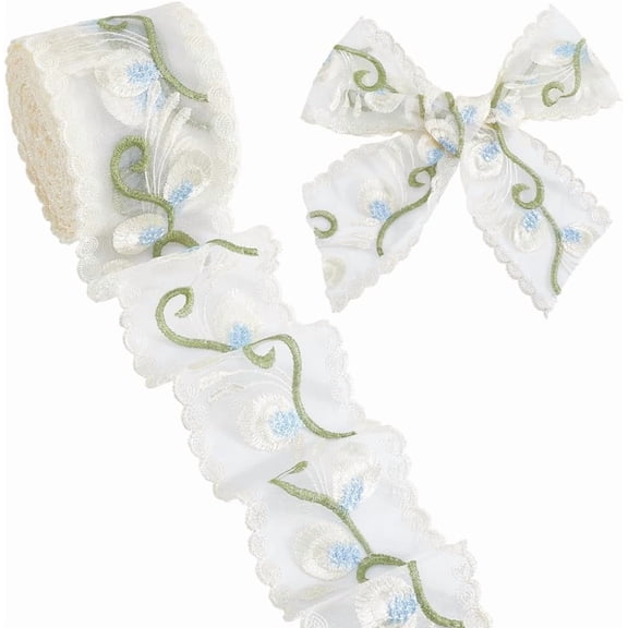 10 Yards 3 5/8 Inch White Embroidered Organza Ribbon Sheer Floral Jacquard Lace Trim Polyester Flower Wavy Edge Embroidery Ribbons for Sewing Making Bridal Wedding Crafts Gift Wrapping Cloth