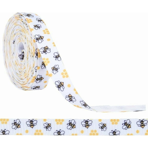 10 Yards 3/8 Inch Bee Print Ribbon White Yellow Thin Spring Printed Ribbon Polyester Bees Pattern Grosgrain Fabric Ribbons Bulk Roll