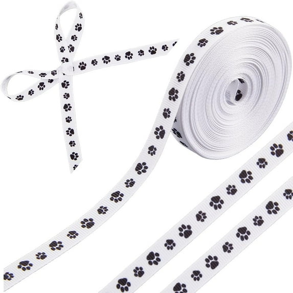 10 Yards 3/8 Inch Black White Dog Paw Print Ribbon Thin Animal Pattern Prints Theme Grosgrain Polyester Fabric Ribbons Bulk for Sewing Making Crafts Gift Wrapping Wreaths Party Birthday DIY Polyester