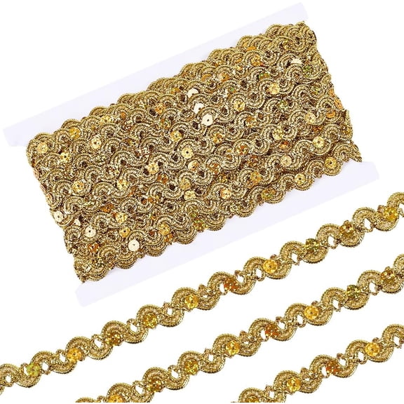 10 Yards 5/8 Inch Gold Sequin Trim Flat Sequins Beaded Strip Rick Rack Wave Woven Trimming Metallic Glitter RIC Rac Braid Fabric Ribbon