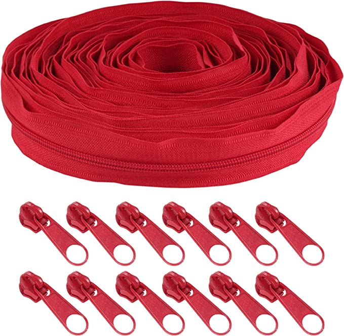 10 Yards #5 Nylon Coil Zipper Tape with 10 Metal Slider Pulls - Red