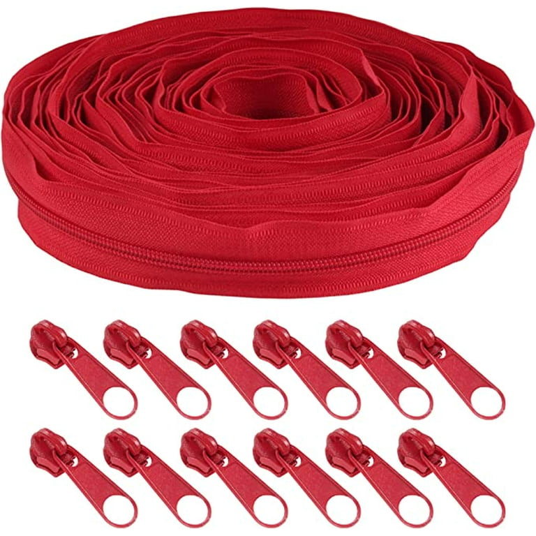 10 Yards #5 Nylon Coil Zipper Tape with 10 Metal Slider Pulls - Red