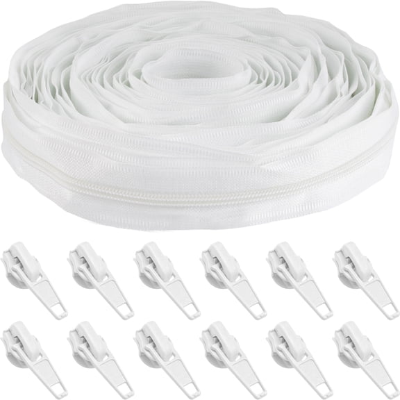 10 Yards #5 Nylon Coil Zipper Tape with 10 Metal Slider Pulls - White