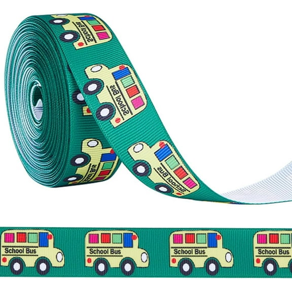 10 Yards 7/8 Inch Back to School Grosgrain Ribbon Green School Bus Pattern Student Themed Fabric Decorative Edge Ribbons for Teacher Gift Wrapping Hair Bows Sewing Crafting Wreath Making Green
