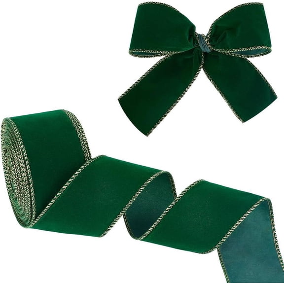 10 Yards/9.14m Velvet Ribbon 2.3~2.5 inch Wide Velvet Fabric Ribbon Trim Single Face Velvet Wired Ribbon Satin Velvet Ribbon with Gold Edged for Gift Wrapping Bouquet Decoration - Dark Green