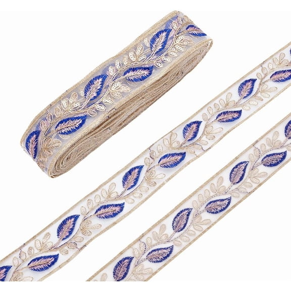 10 Yards/9.1m Mesh Lace Trim Ribbon 1-3/4 Inch Wide Blue Feather Pattern Embroidery Gold Edged Lace Sewing Tulle Feather Laces Trim