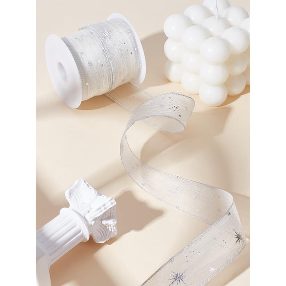 10 Yards Beige Silver Stamping Star Organza Ribbons 1 Inch Chiffon Silk Print Ribbon Garment Accessories Gift Wrapping Trim for Flower Bouquets Wedding Birthday DIY Decoration for DIY